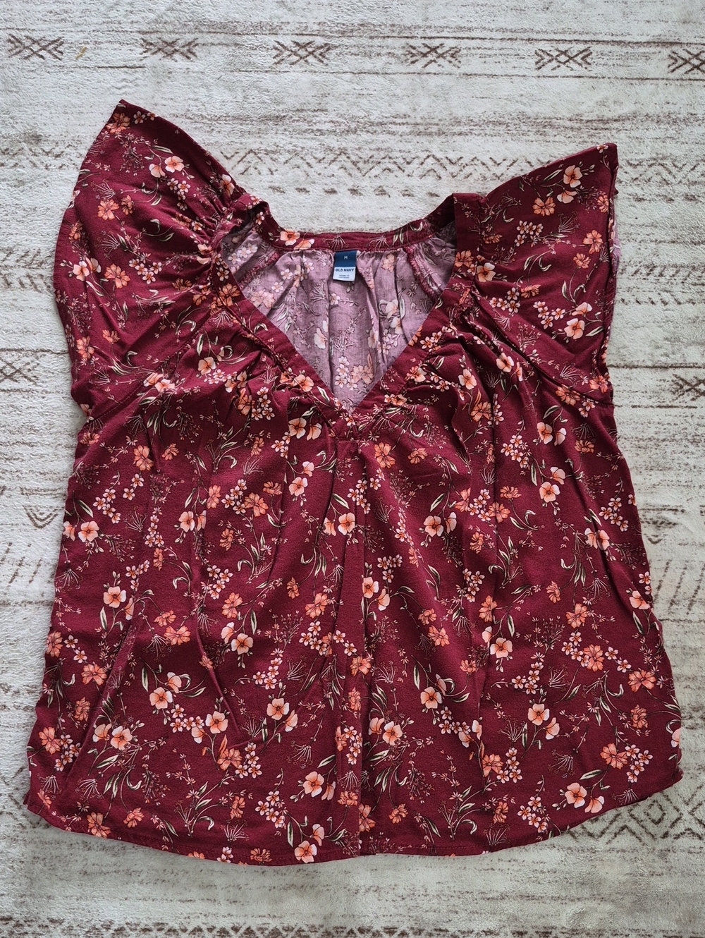 Old Navy Burgundy Floral V-Neck Flutter Sleeve Blouse